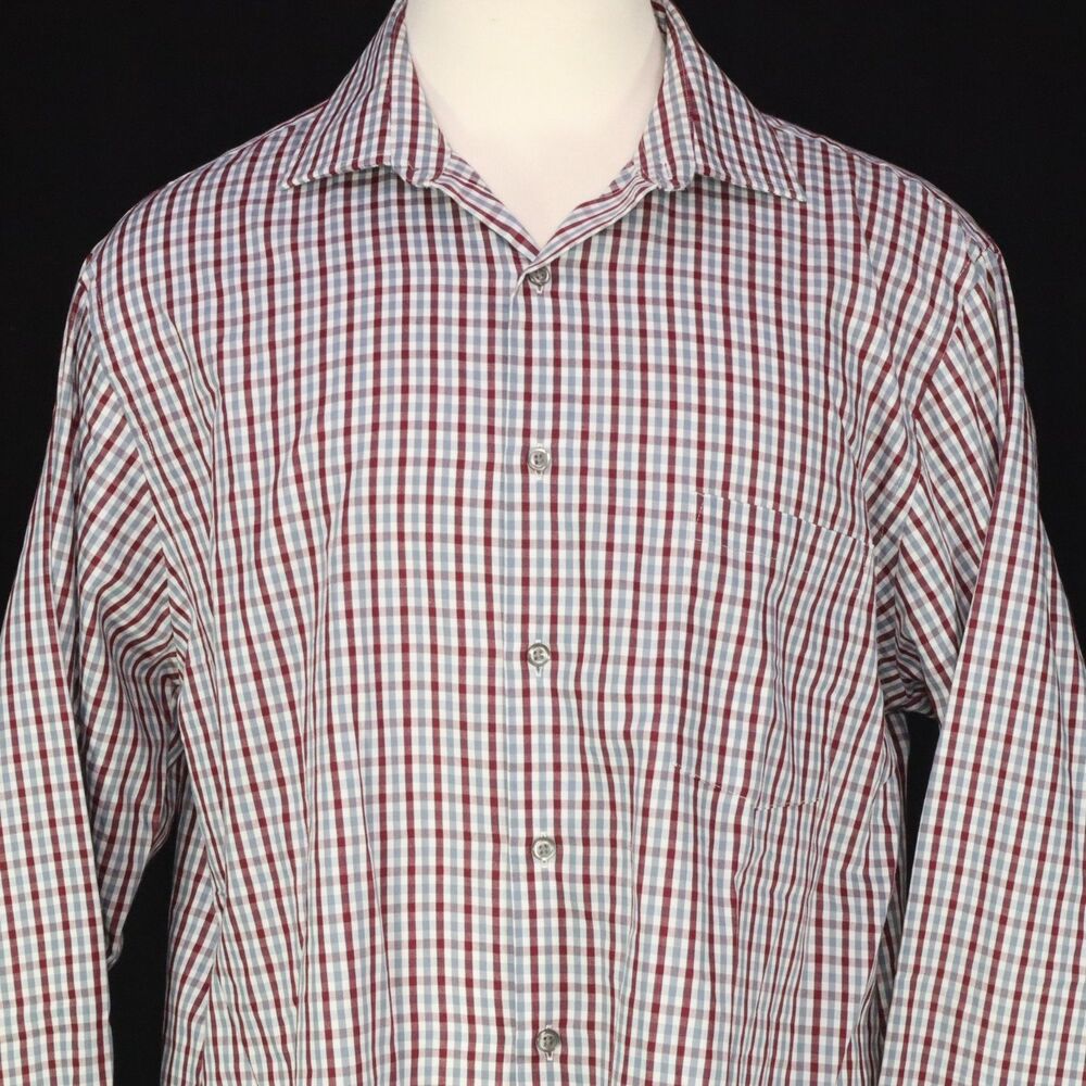 Van Heusen Button Down Long Sleeve Shirt Burgundy/Gray Check Size 16.5 - 34/35